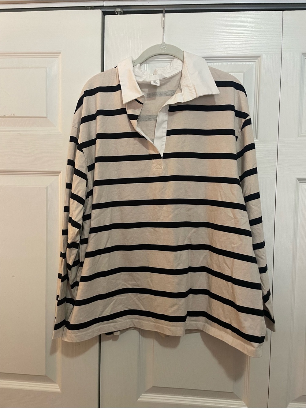 H&M Cream and Black Striped Rugby Polo
